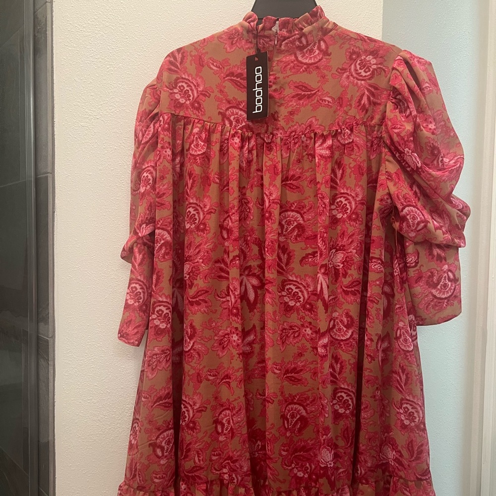 boohoo | PRINTED PUFF SLEEVE RUFFLE NECK SMOCK DRESS 14 new - Picture 4 of 6